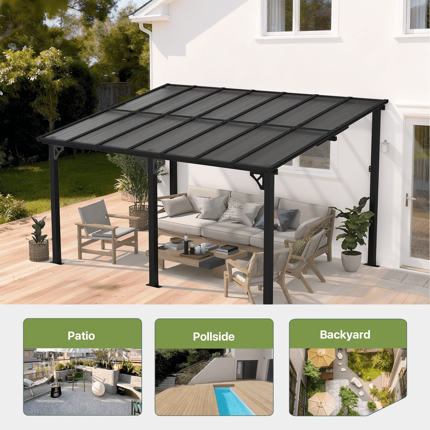 BaPiPro 14x10 ft Wall-Mounted Hardtop Gazebo with Polycarbonate Roof, Aluminum Frame, Outdoor Patio Cover for Poolside or Backyard, UV Resistant