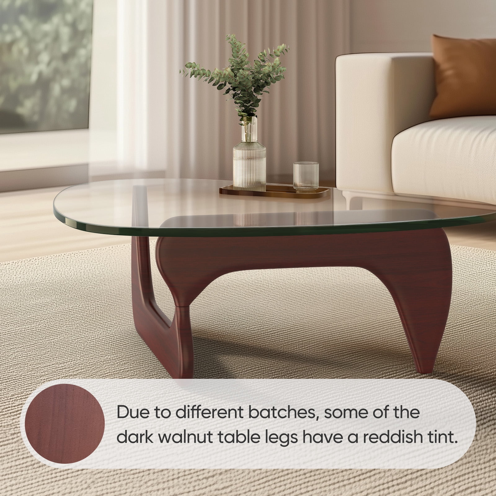 Cottinch 50" Triangle Glass Coffee Table with Wood Base for Living Room Office, Dark Walnut