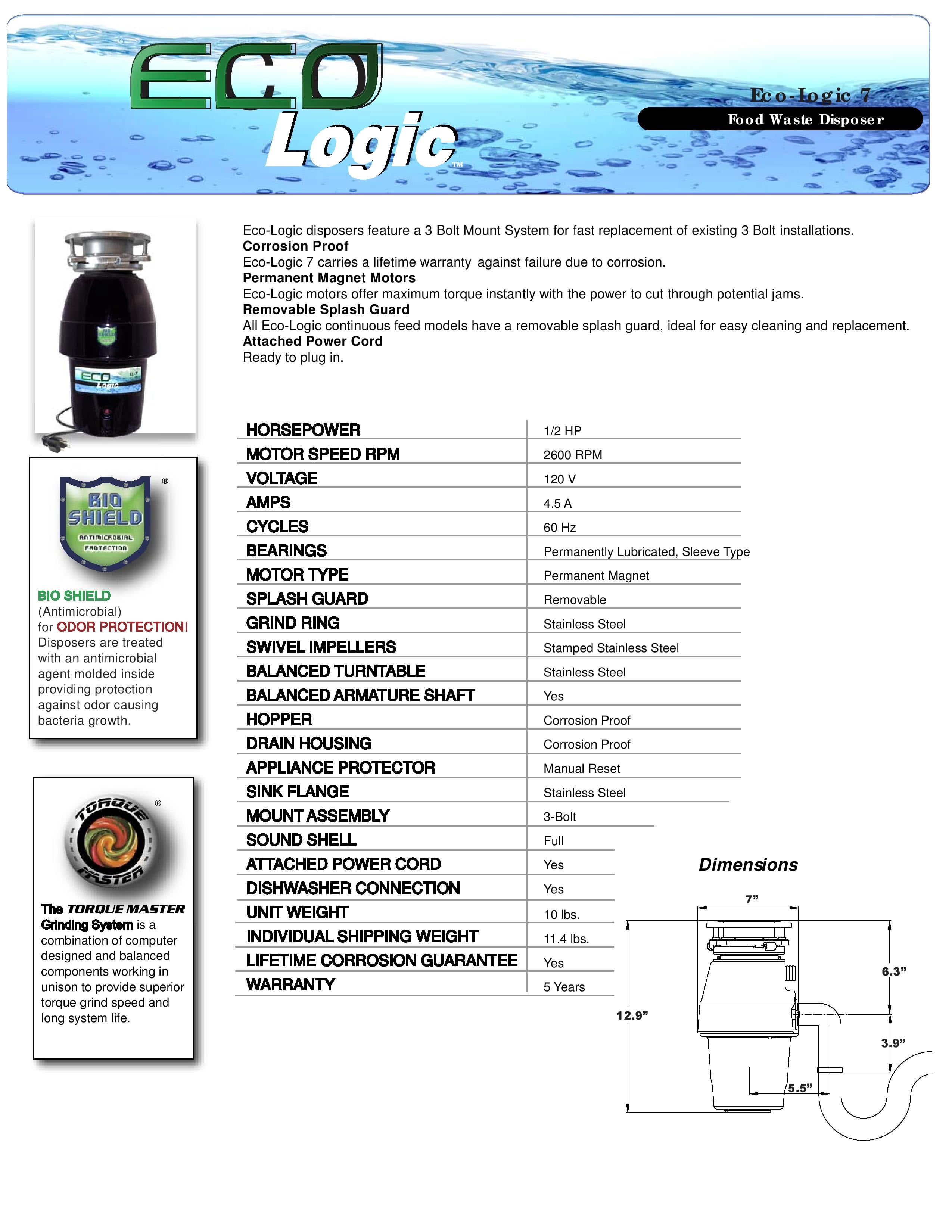 Eco Logic 1/2 HP Garbage Disposal with Polished Chrome Sink Flange 10-US-EL-7-DS-3B-PC