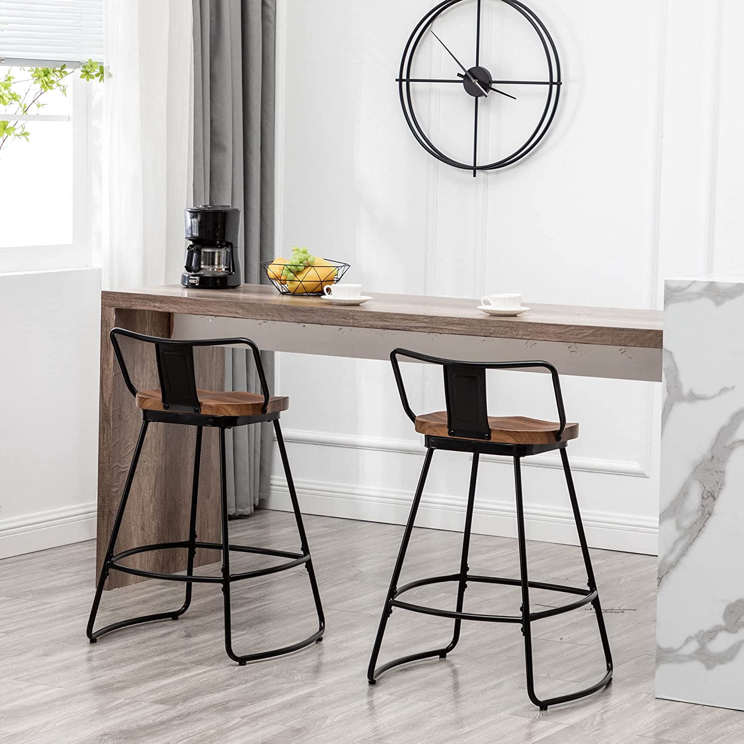 Andeworld 24" Swivel Metal Bar Stools with Backs Set of 2 Industrial Kitchen Dining Bar Chairs with Wood Seat Matte Black