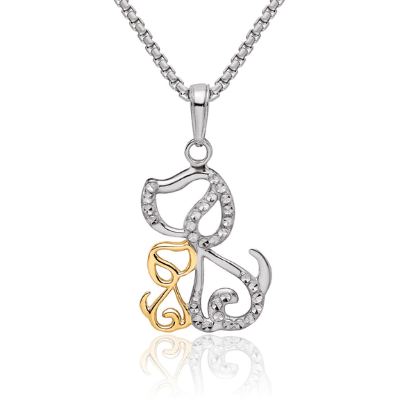 14K Solid Two Tone Yellow White Gold Dog Puppy Necklace Chain Pendant Charm