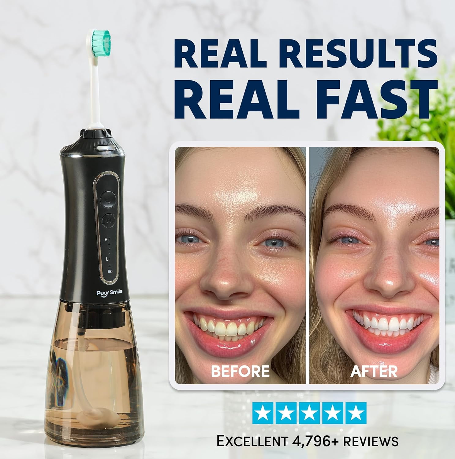PuurSmile Professional Cordless Water Flosser Black - Dental Care Waterproof, 7 Replacement Tips