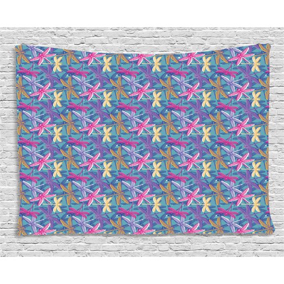 Dragonfly Tapestry, Hand Drawn Grunge Effect Dragonflies with Vintage Style Color Splashes Background, Wall Hanging for Bedroom Living Room Dorm Decor, 60W X 40L Inches, Multicolor, by Ambesonne