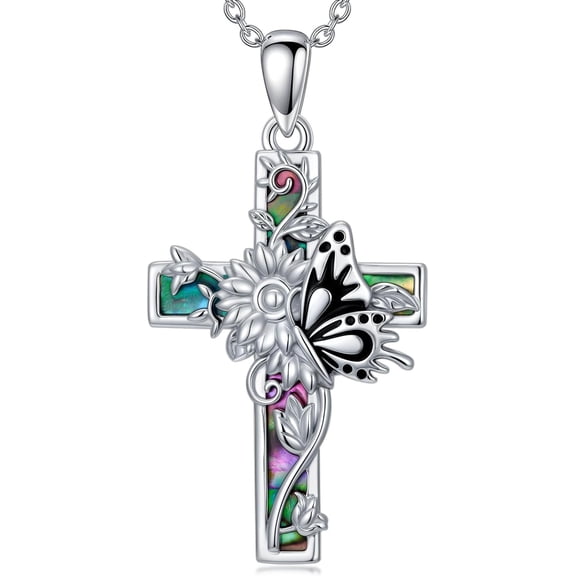 CACA LADY Butterfly Cross Necklace 925 Sterling Silver Butterfly Sunflower Abalone Shell Cross Pendant Jewelry Religious Christian Baptism Gifts for Her Women