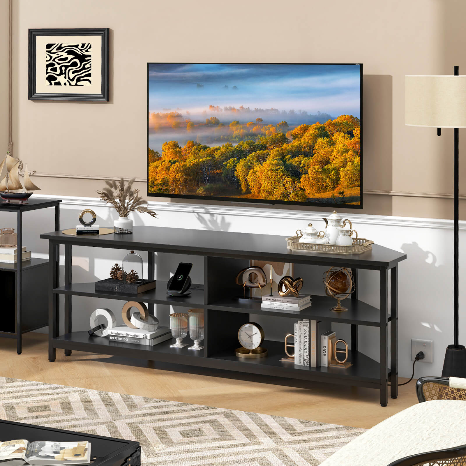 Costway Corner TV Stand for TVs up to 65" TV Console Table with AC Outlets&USB A Ports Black
