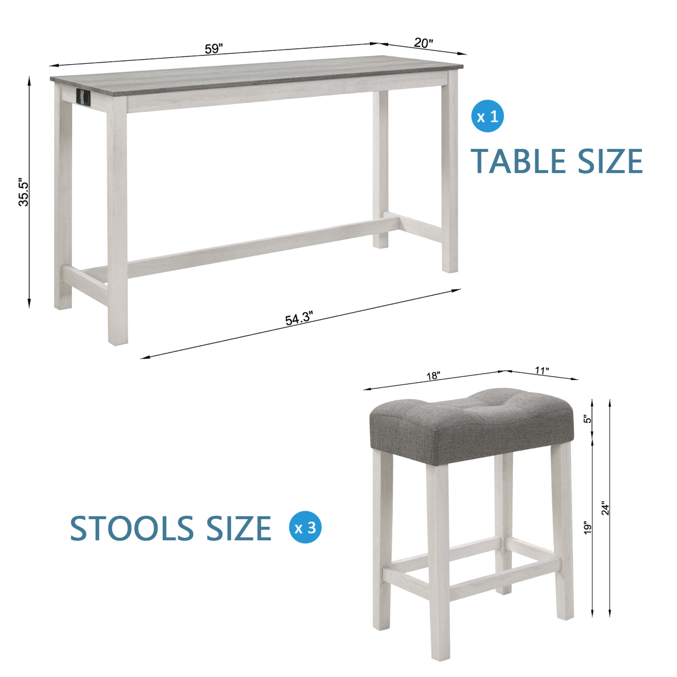 Noble House 35.5"H Dining Bar Table Set with Power Outlet, Upholstered Counter Stools for 3, Gray+White Finish