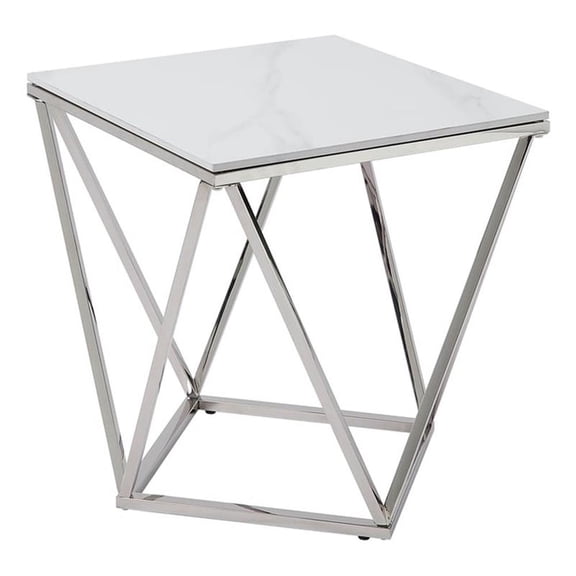 Pemberly Row Contemporary Steel and Stone End Table in Silver