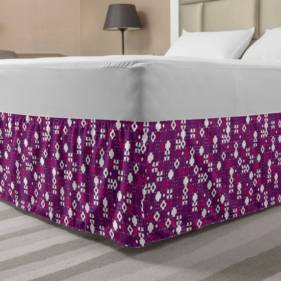 Vintage Bed Skirt, Tile Arrangement Design Purple Shades Geometric Composition Retro Motifs, Elastic Bedskirt Dust Ruffle Wrap Around for Bedding Decor, 4 Sizes, Purple Magenta White, by Ambesonne