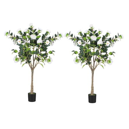 2-Pack 47 Inch Artificial Camellia Tree with White Flowers - 4 FT Faux Blooming Plant for Indoor Outdoor Home, Office & Front Door