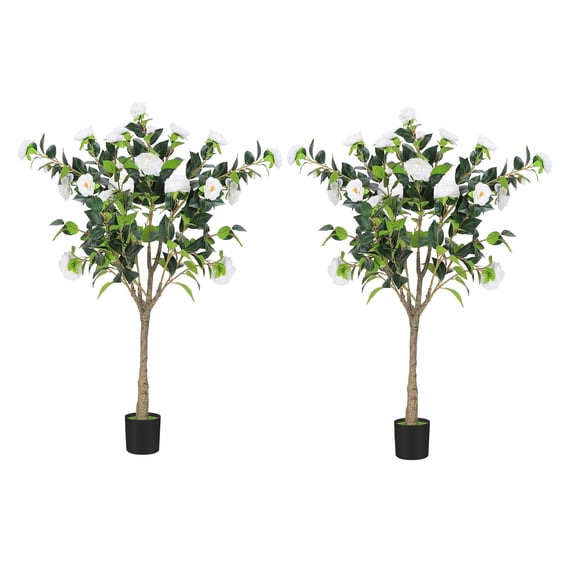 2-Pack 47 Inch Artificial Camellia Tree with White Flowers - 4 FT Faux Blooming Plant for Indoor Outdoor Home, Office & Front Door