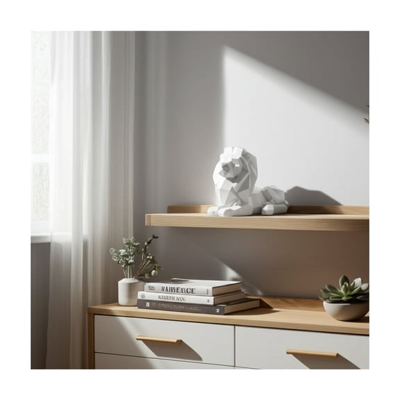 Modern Geometric Lion Figurine - Minimalist Polyresin Sculpture - Elegant Home Decor for Office, Living Room, Bedroom - 8" White