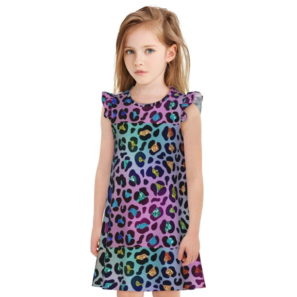 Fotbe Rainbow Animal Skin Vestido de Dormir para Niñas de 3 a 10 Años, Mangas Cortas, Estilo Princesa, Pijama Camisón con Mangas Voladas-XX-Large