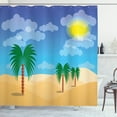 thumbnail image 1 of Oasis Shower Curtain, Computer Graphics of Palm Silhouettes and the Sunny Sky Hot Climate, Fabric Bathroom Set with Hooks, 69W X 75L Inches Long, Violet Blue and Multicolor, by Ambesonne, 1 of 2