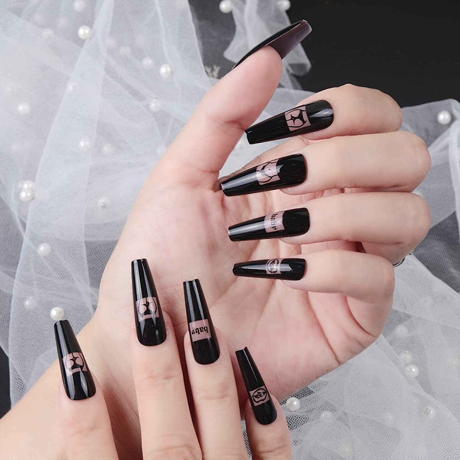 Dark Black Glitter Powder Long Almond Acrylic Nails Stiletto Black Full  Cover Art Set With Glue Charm For Y2K Music Parties And Sexy Girls From  Blueberry06, $5.73