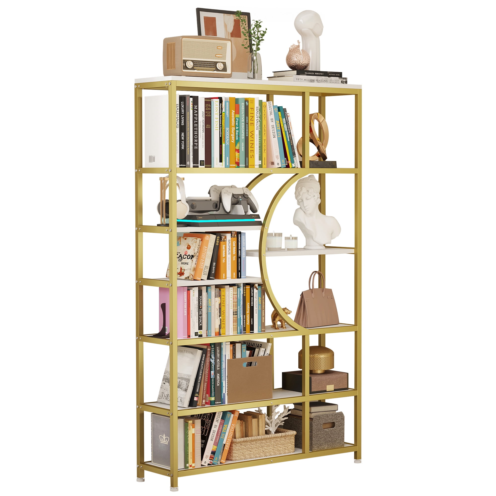 Dextrus 7-Tier Gold Bookshelf, 71" Tall Etagere Bookcase with Metal Frame, Geometric Large Book Shelves for Bedroom, Living Room, Home Office, Rustic Brown