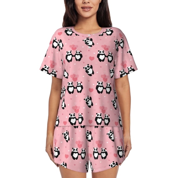 Fotbe Valentine'S Day Panda Conjunto de Pijama Estampado para Mujer, 2 Piezas, Ropa de Dormir con Camiseta de Manga Corta y Shorts Suaves-Medium