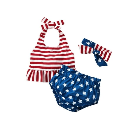

Canrulo Kids Baby Girl 4th of July Clothes Star Stripe Halter Top+Shorts Bloomers+Headband American Flag Summer Outfits Red 0-3 Months