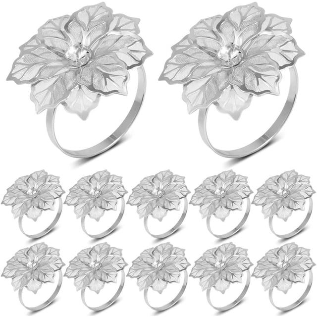 Anillos para servilletas, 12 piezas, anillos para servilletas plateados, soportes para servilletas para cenas navideñas, decoración para fiestas de cumpleaños y bodas, anillos para servilletas