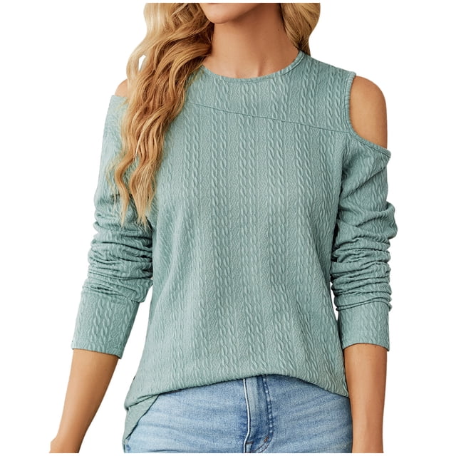 aidice Womens Tops Casual Round Neck Long Sleeve Texture Shirts Cold Shoulder Fitting Comfy Blouses Tops