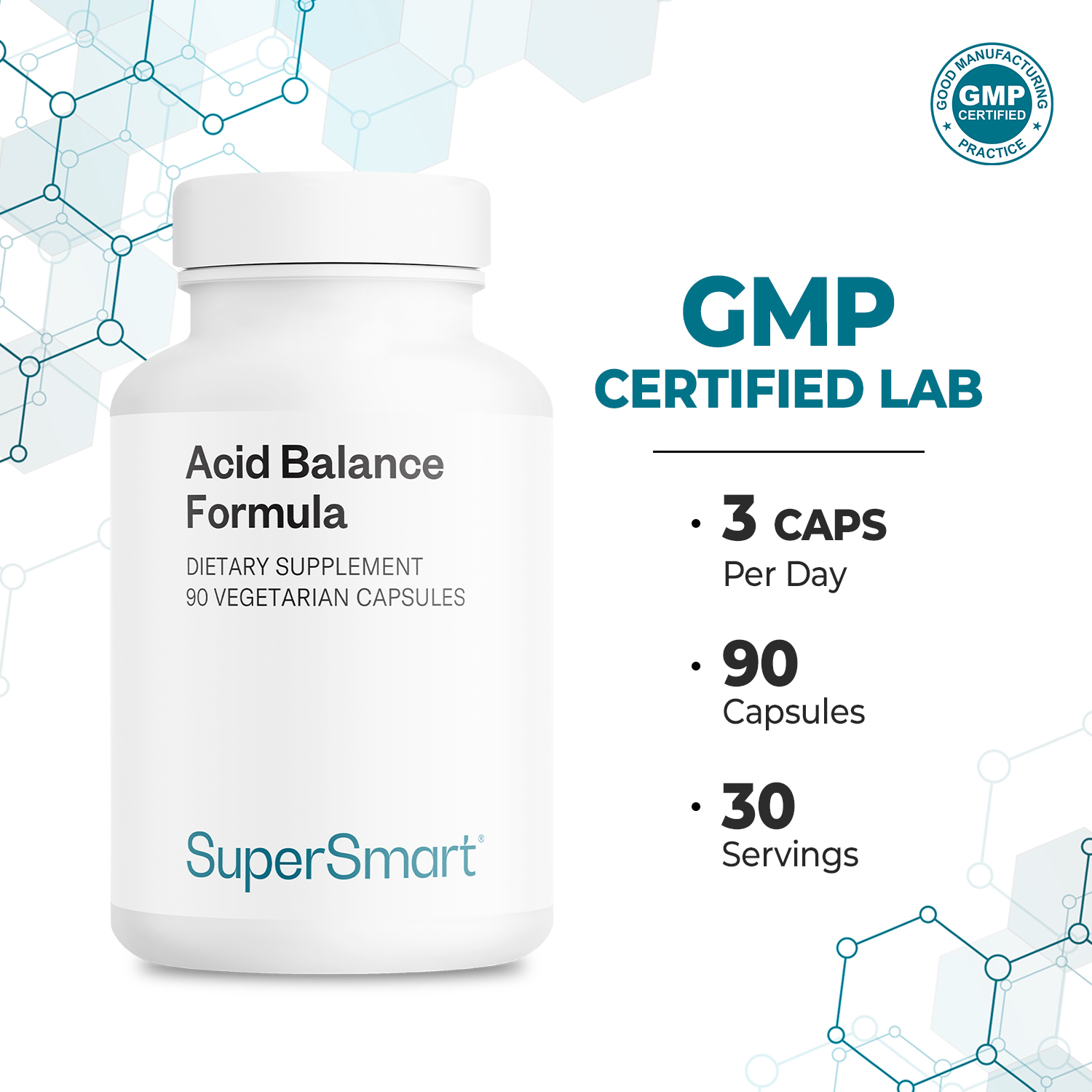 SuperSmart Acid Balance Formula (Advanced Complex) - with Zinc L-Carnosine, Slippery Elm Extract, Licorice Root | Non-GMO & Gluten Free - 90 Vegetarian Capsules
