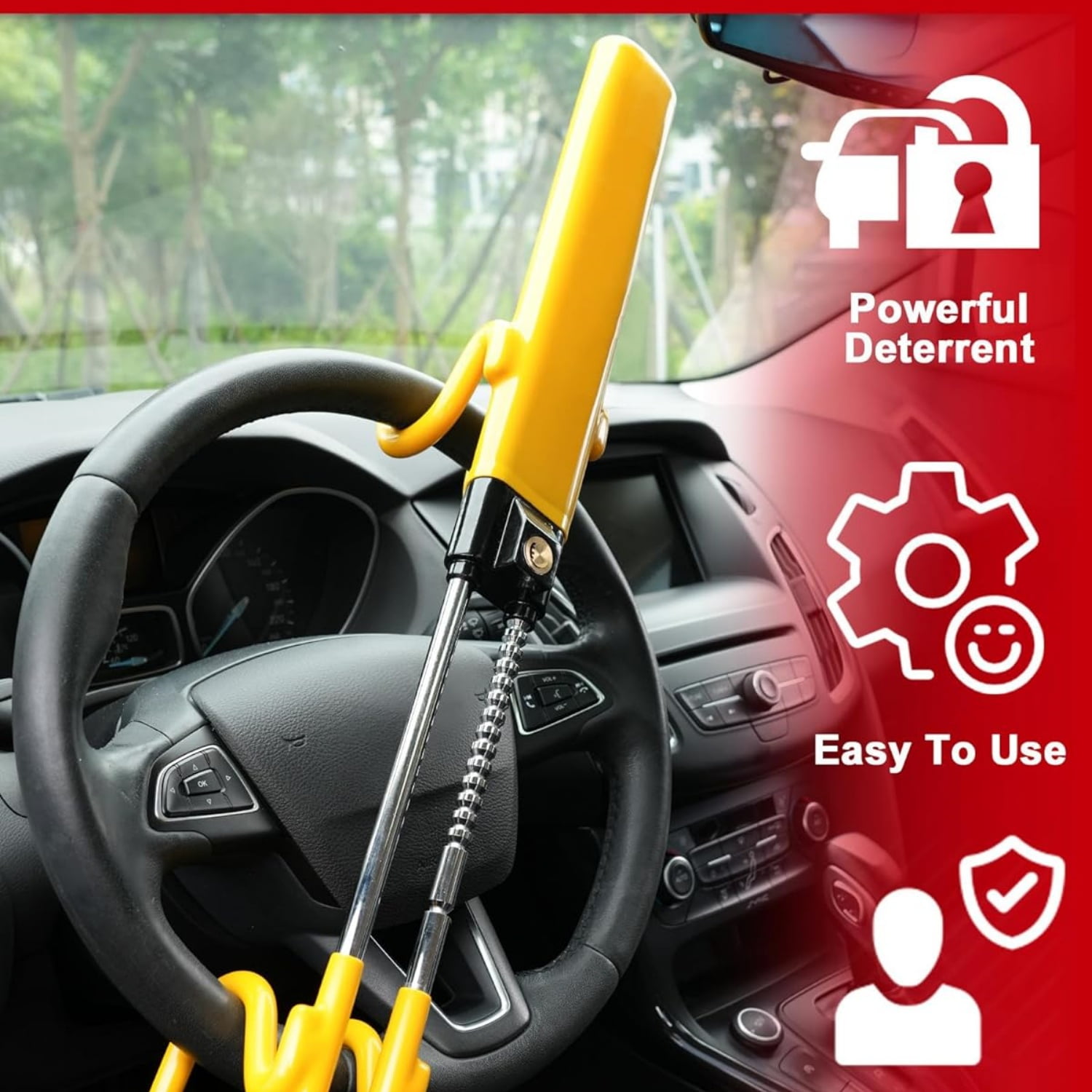 Steering Wheel Lock - Heavy Duty Antitheft Device and Car Security Lock with Adjustable Locking and 3 Keys - Great Vehicle and Truck Deterrent