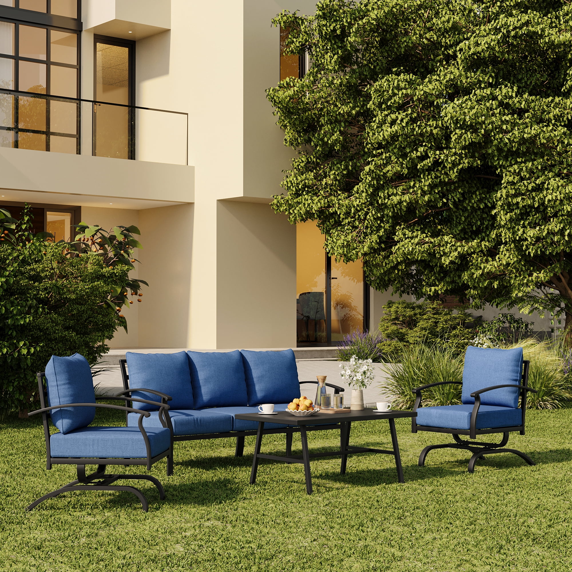 ALAULM 4 Piece Patio Furniture Set,Outdoor Metal Patio Furniture with Coffee Table & Rocking Chairs Conversation Set for Porch,Backyard,Poolside, Garden-Navy Blue