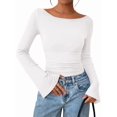 thumbnail image 2 of Women'S Long Sleeve Shirts Crop Going Out Tops Casual Boat Neck Bell Sleeve Ruched White S, 2 of 9