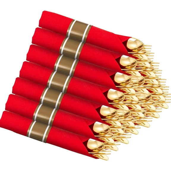 30 Pack Gold Plastic Silverware with Red Napkins,Gold Silverware Disposable,Wrapped Plastic Cutlery Set with Napkin,Pre Rolled Silverware Set Disposable,Christmas Cutlery Suitable for Holiday