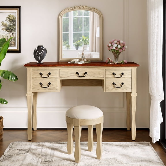 Mintazer Vintage Vanity Set with Curved Flower Frame Mirror & 5 Drawers, Antique Dressing Table with Curved Desktop Leather Stool for Bedroom, Brown & White