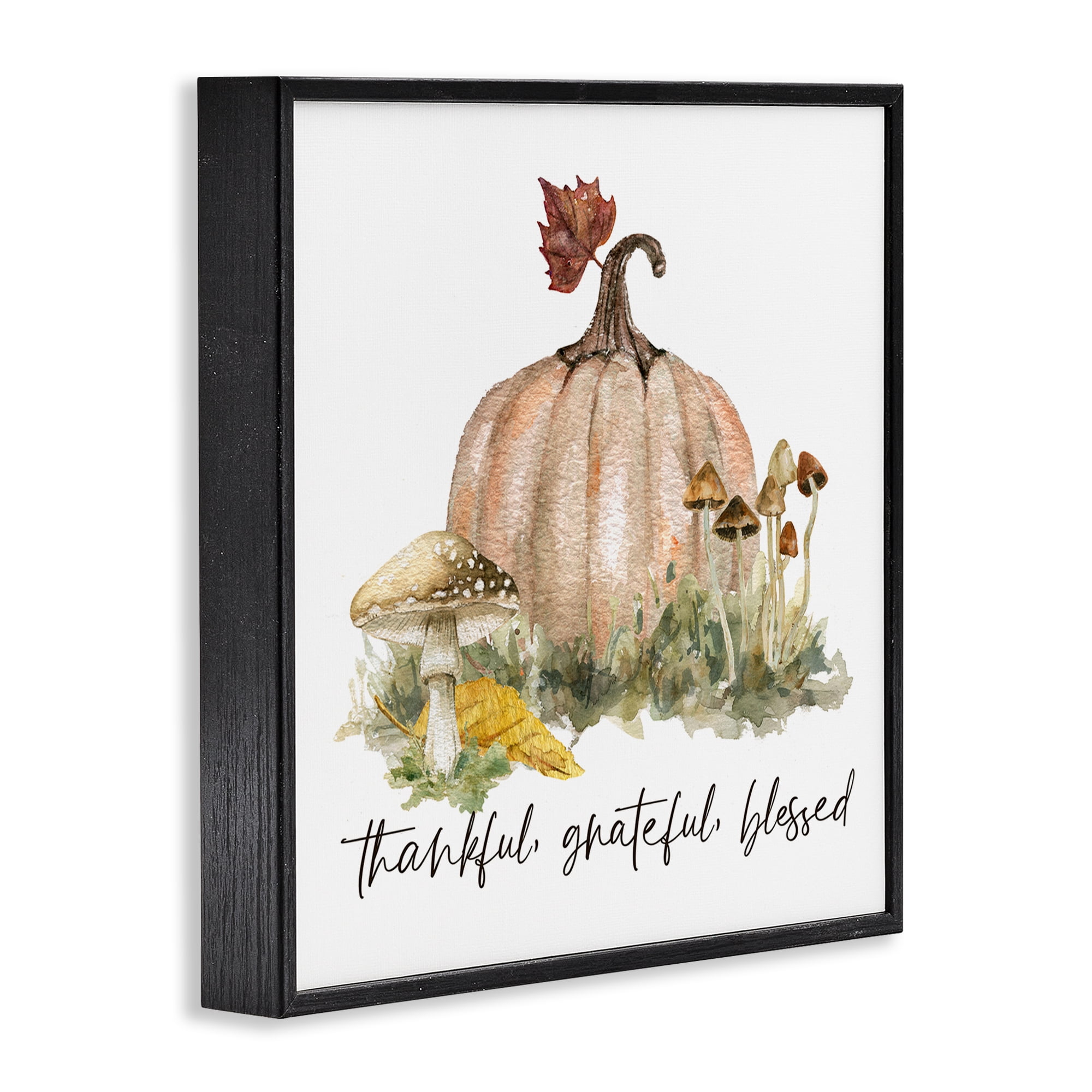 Stupell Industries Thankful Pumpkin & Mushrooms Botanical & Floral Painting Black Framed Art Prints Wall Art, 12 x 12