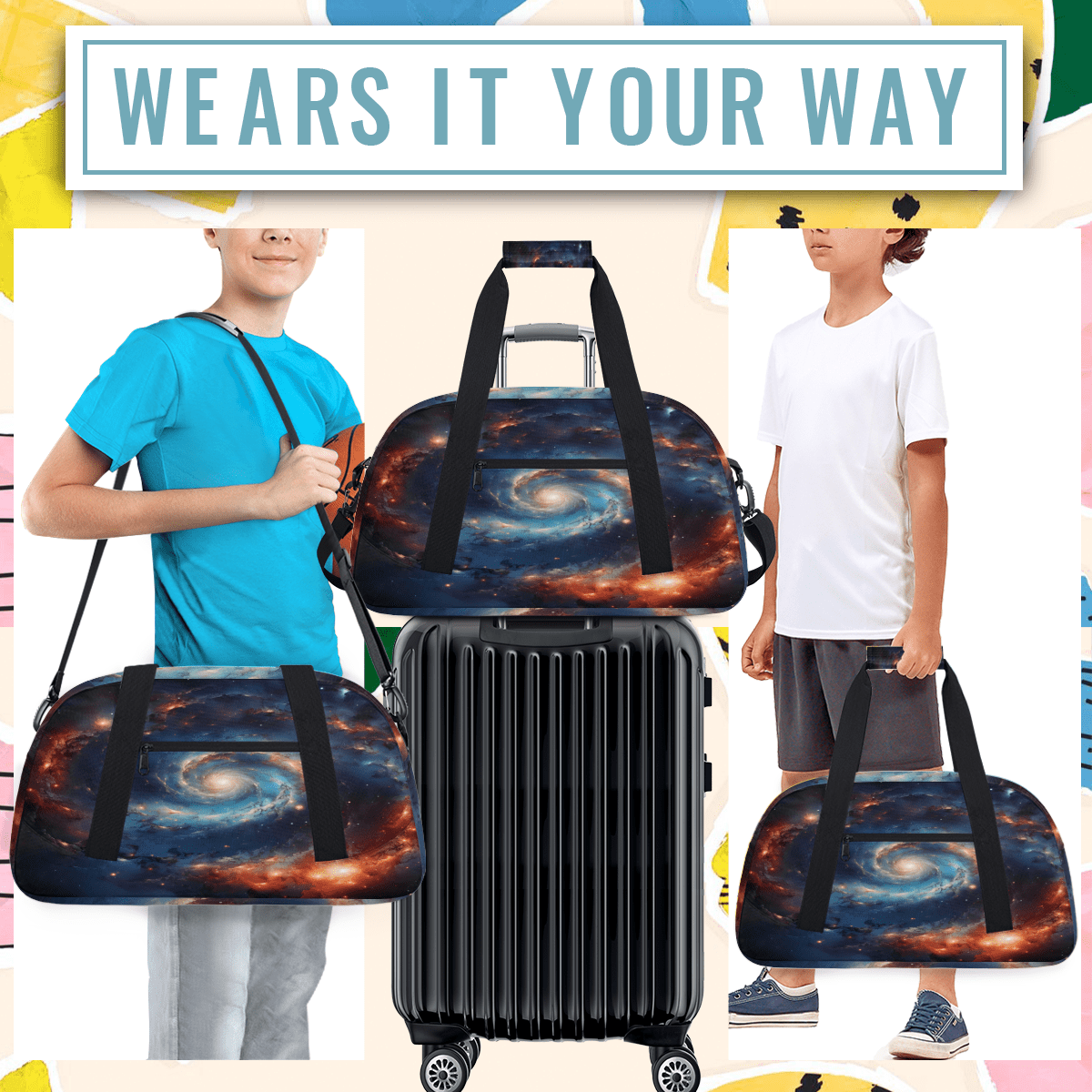 Herdesigns Space Sports Duffle Bag for Women & Men, Galaxy Nebula Outer Space Gym Bag Dance Bag Overnight Bag Carry On Weekender Travel Bag