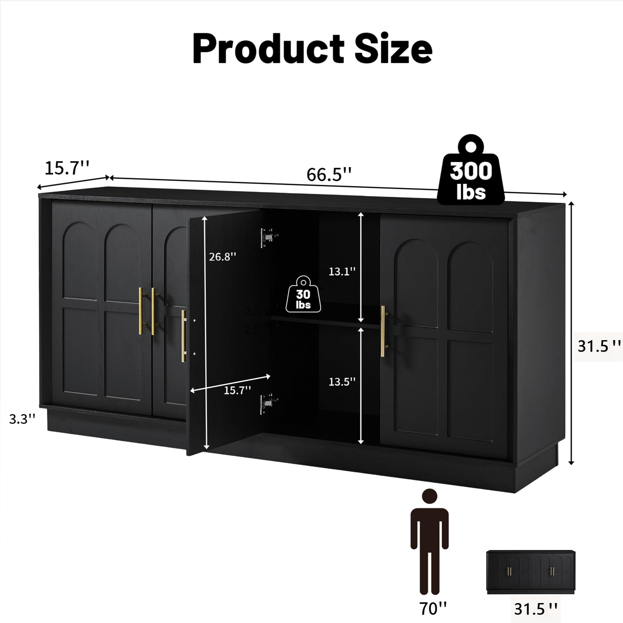 BFJDM 67" Sideboard Buffet Cabinet with Storage, Modern Credenza with Arched Doors, Large Wood Accent Cabinet for Living Room Entryway (Black)