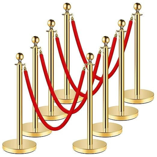 EastVita 4-Piece Gold Stainless Steel Stanchion Set - Fixed Height Crowd Barrier with Retractable Belts