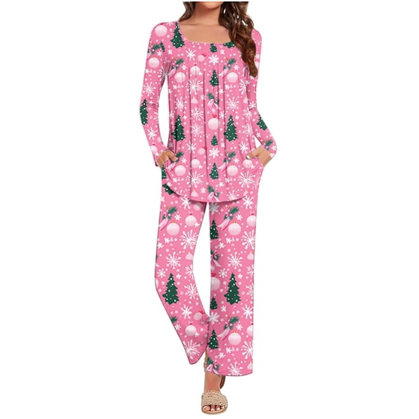 Puntoco Conjunto de pijama de moda para mujer con estampado navideño, cuello doblado, mangas largas, cintura elástica y pantalones