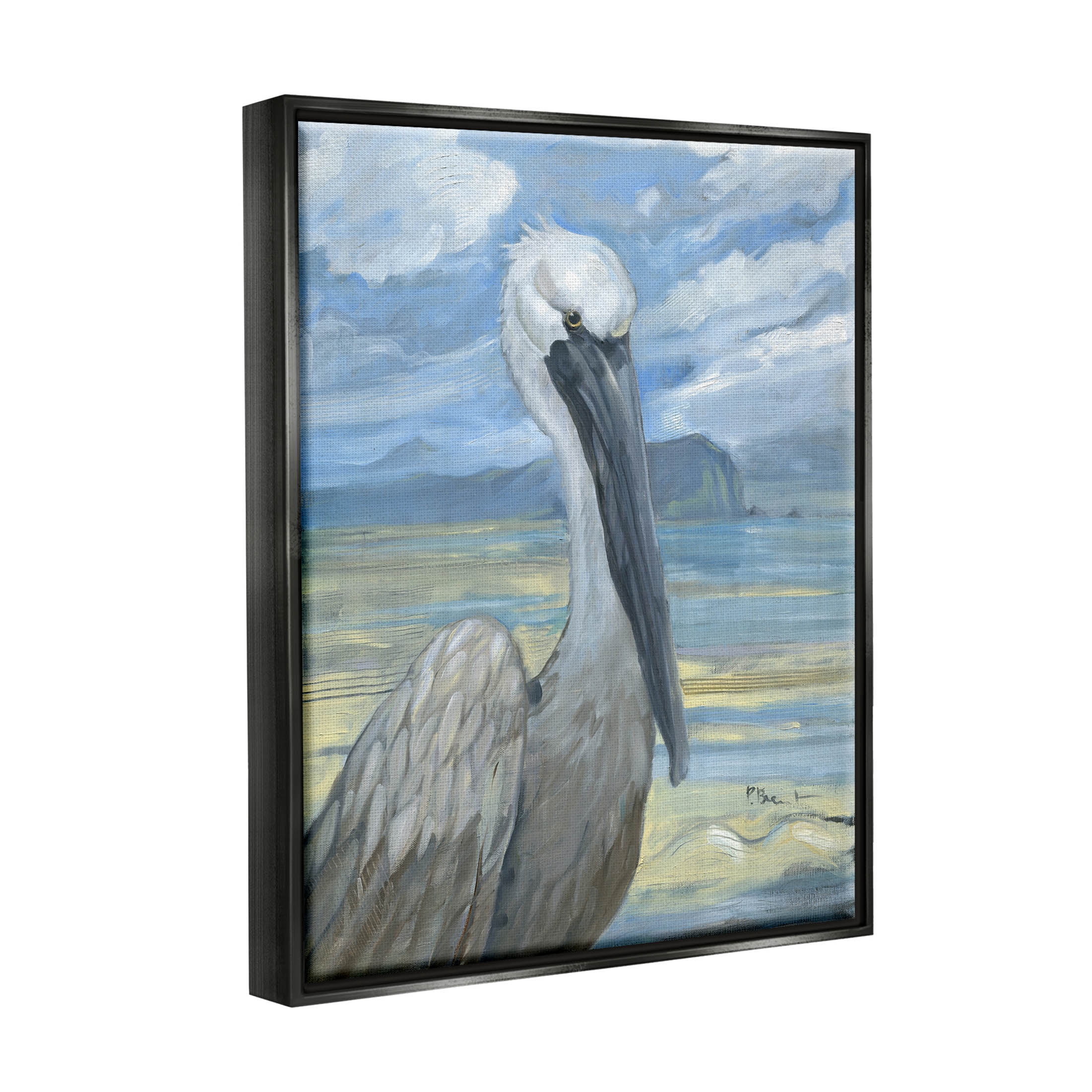 Stupell Industries Salty Pelican Cloudy Coastal beach Painting Jet Black Floating Framed Canvas Print Wall Art, Design by Paul Brent