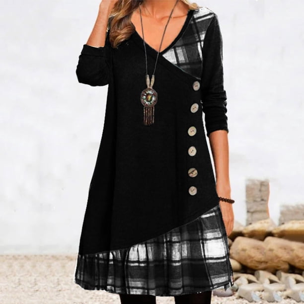 WILLBEST Faldas Para Mujer Vestido De Mujer De Manga Larga Con Cuello En V Y Patchwork Con Botones Decorados Y Estampado A Cuadros