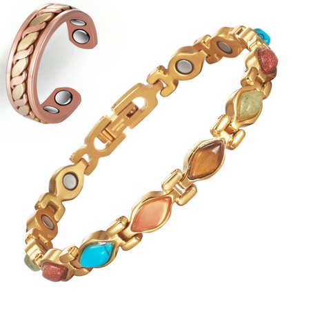 Wollet  Gold Stainless Steel Magnetic Bracelet for Women  with Turquoise , Copper Ring Jwelry Gift  Set for Girlfriend