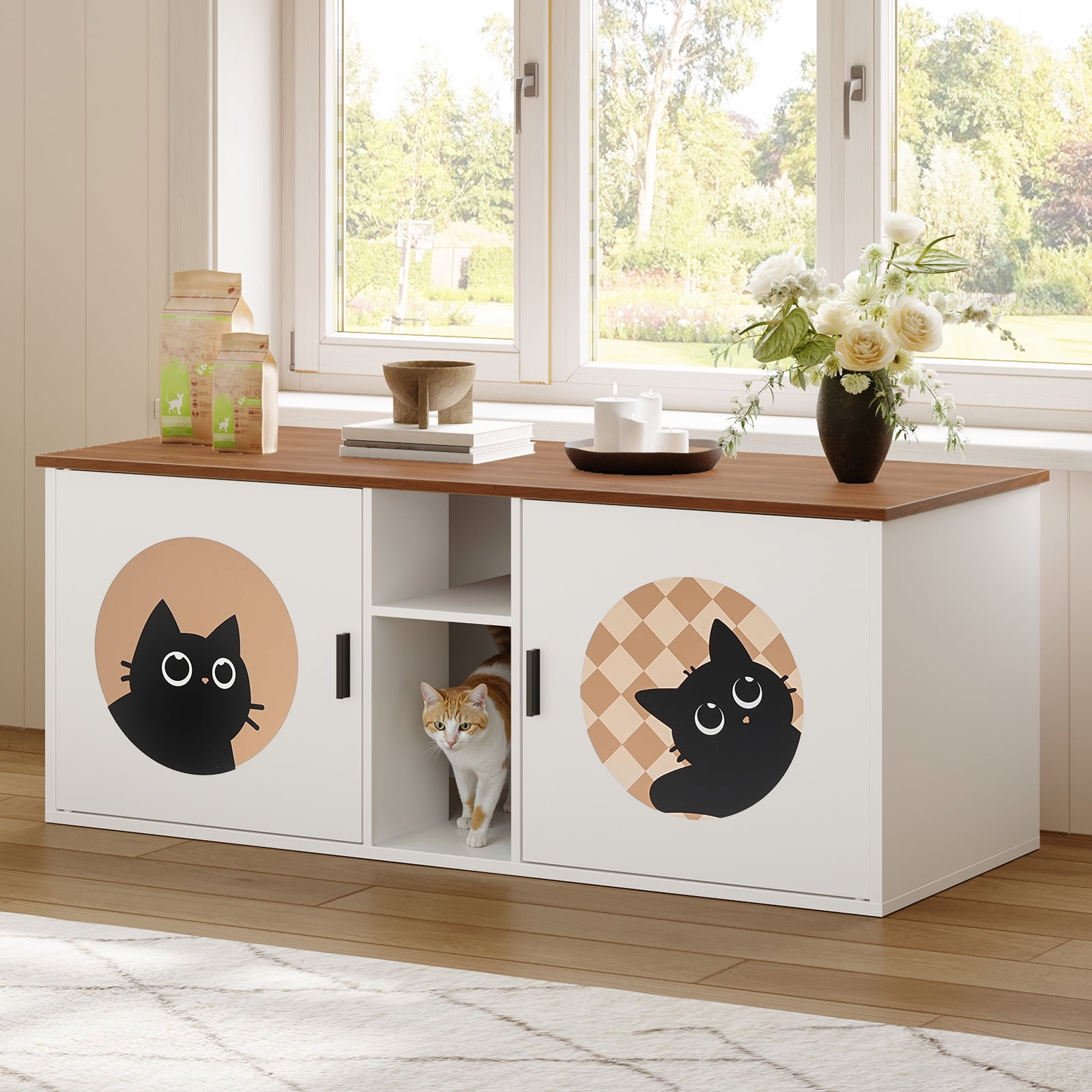 HOOBRO Double Cat Litter Box Enclosure with Middle Storage Shelf, Dual Hidden Litter Box Furniture, Unique Patterned Litter Box Cabinet, White and Walnut WH25MW01