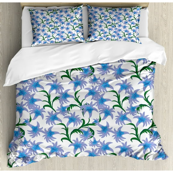 Flowers Duvet Cover Set King Size, Natural Theme Spring Blossoms Pattern with Branches Botanical Art, Decorative 3 Piece Bedding Set with 2 Pillow Shams, Lavender Blue Green, by Ambesonne