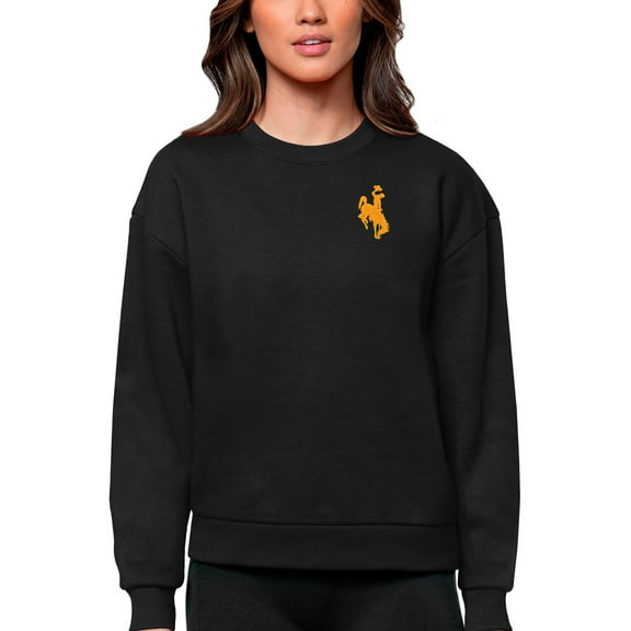 Women's Antigua Black Wyoming Cowboys Logo Victory Crewneck Pullover Sweatshirt