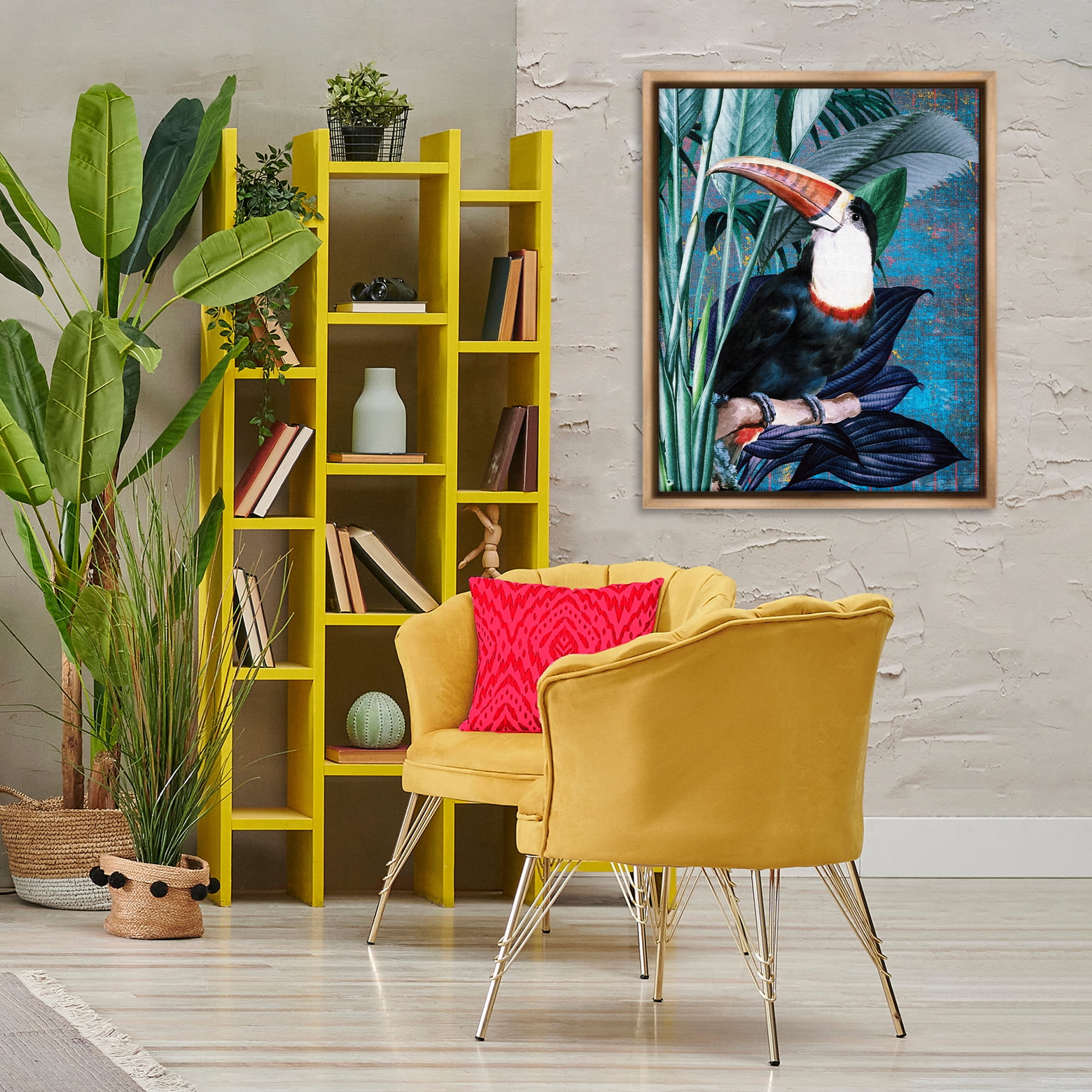 Stupell Industries Smiling Toucan on Branch Animals Painting Brown Floater Framed Canvas Art Print Wall Art, 25 x 31