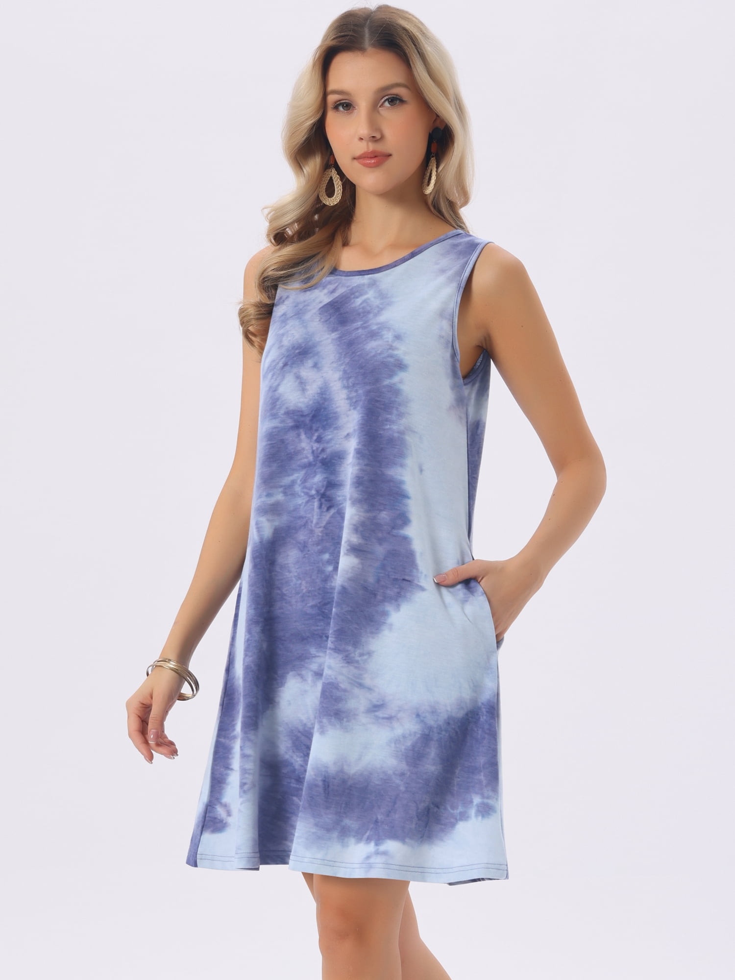 DARING DIVA Tie Dye Tank Dress Sleeveless Pockets Dress Large Tie Dye Dark Blue