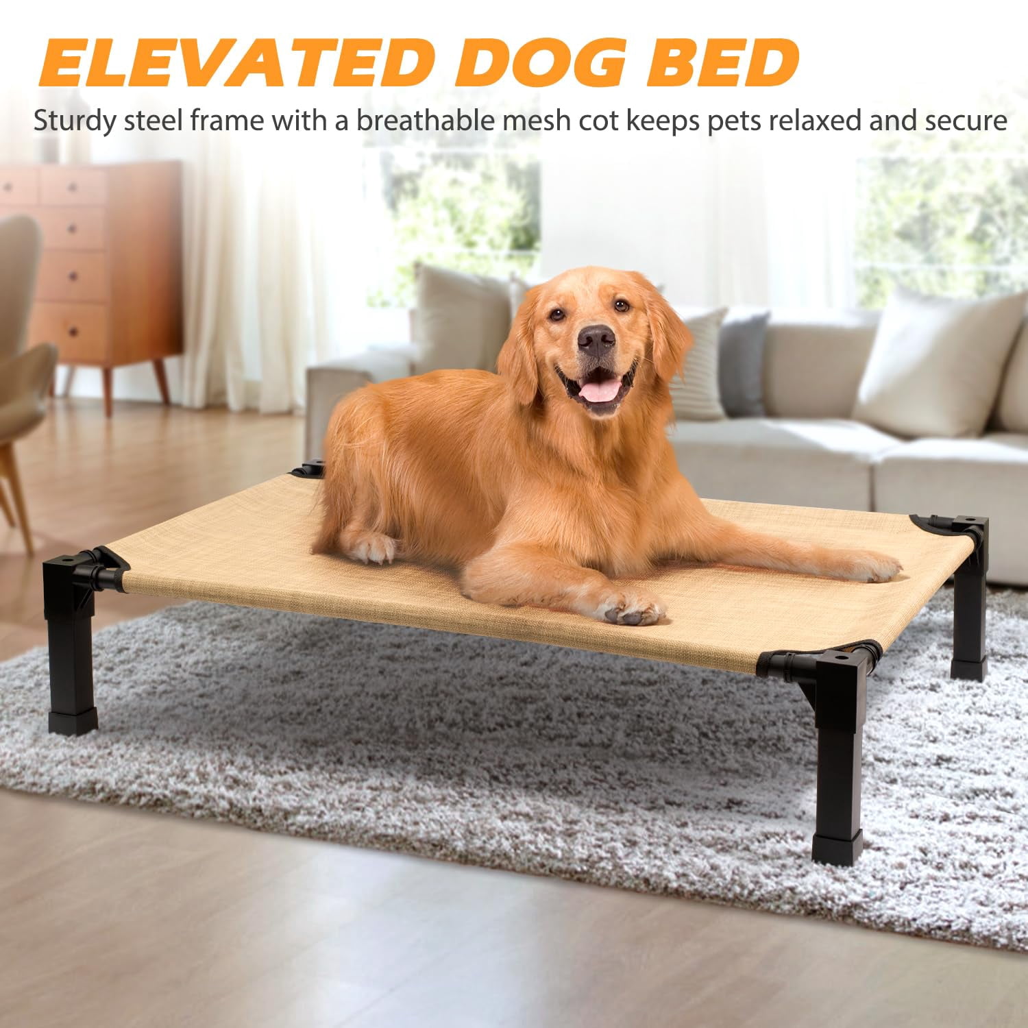 Elevated Dog Bed, Cooling Raised Bed, Portable&No-Slip for Outdoor or Indoor Use, Beige, Large, 51"L x 36"W x 9.3"H