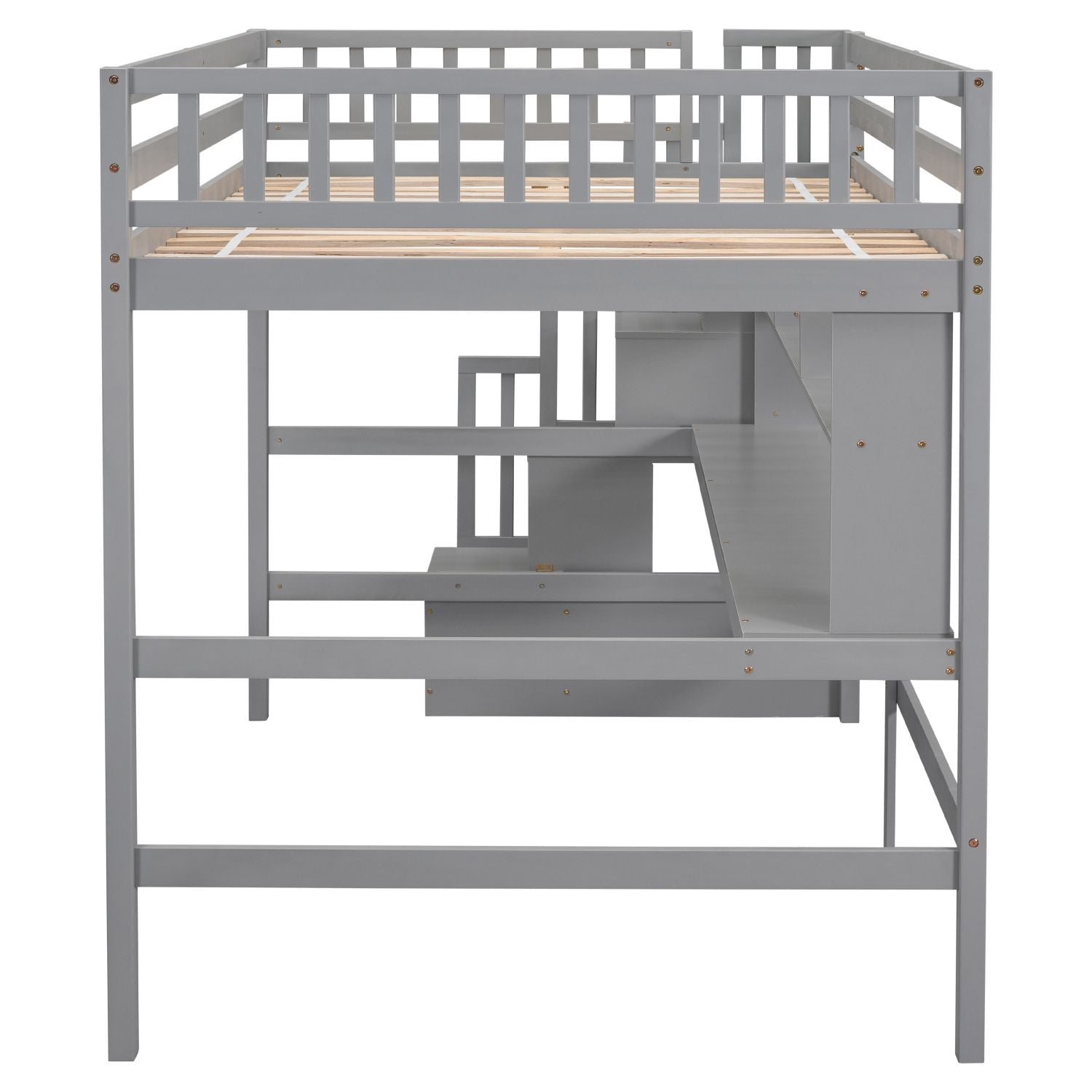 Asteroutdoor Full-Over-Full Bunk Bed with Twin Trundle, Storage Drawers, Desk, USB Outlets, Gray, 94.9 in x 54.1 in x 65.4 in