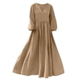 thumbnail image 5 of Hurxie Women Casual Boho V Neck 3/4 Sleeve Smocked Waist A Line Flowy Swing Midi Dress Smocked Long Dress Khaki,S, 5 of 6