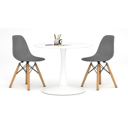 Modholic Kids Tulip Table & Set Of 2 Wood Leg Chairs, Gray