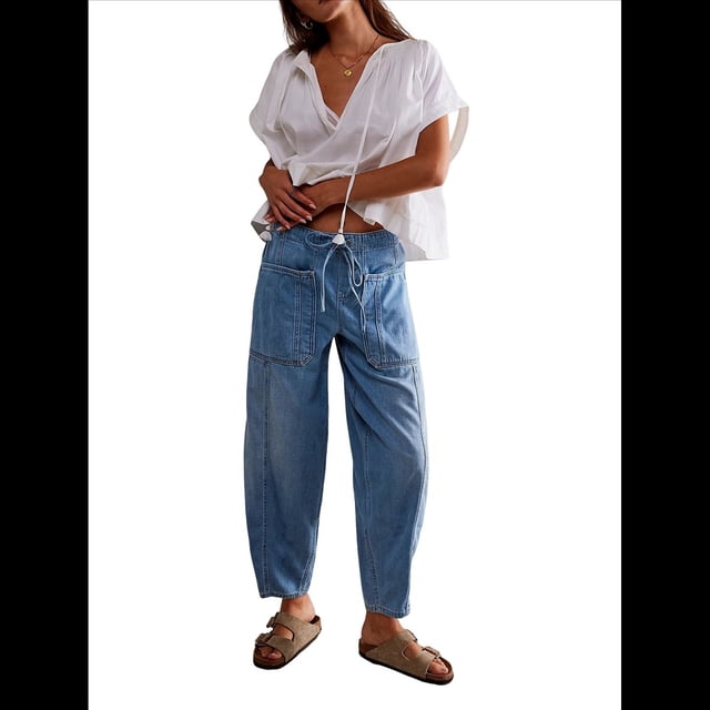 Pantalones Vaqueros Holgados de Tiro Bajo para Mujer, Informales, con Cintura Elástica y Bolsillos. Azul L