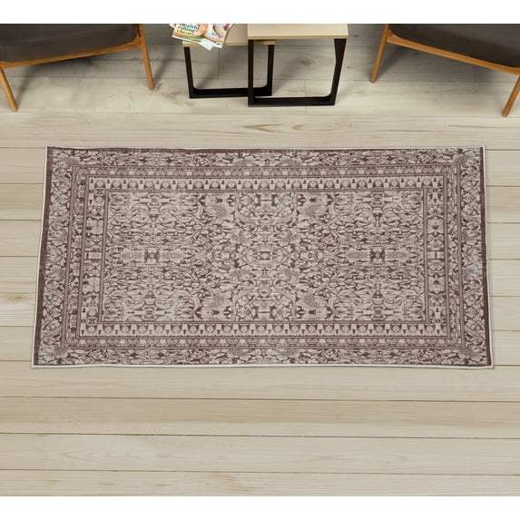 Vintage Decorative Rug, Retro Earthy Design of Botanical Boho Composition in Jumble Leafy Motives, Quality Carpet for Bedroom Dorm and Living Room, 6 Sizes, Chocolate Champagne, by Ambesonne