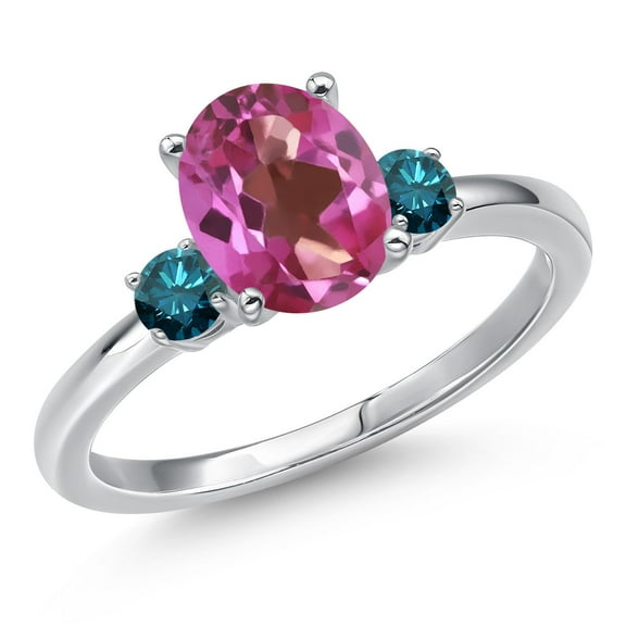 Gem Stone King 14K White Gold Pink Mystic Topaz and Blue Diamond Engagement Ring for Women | 2.40 Cttw | Oval 9X7MM | Gemstone November Birthstone | Size 6