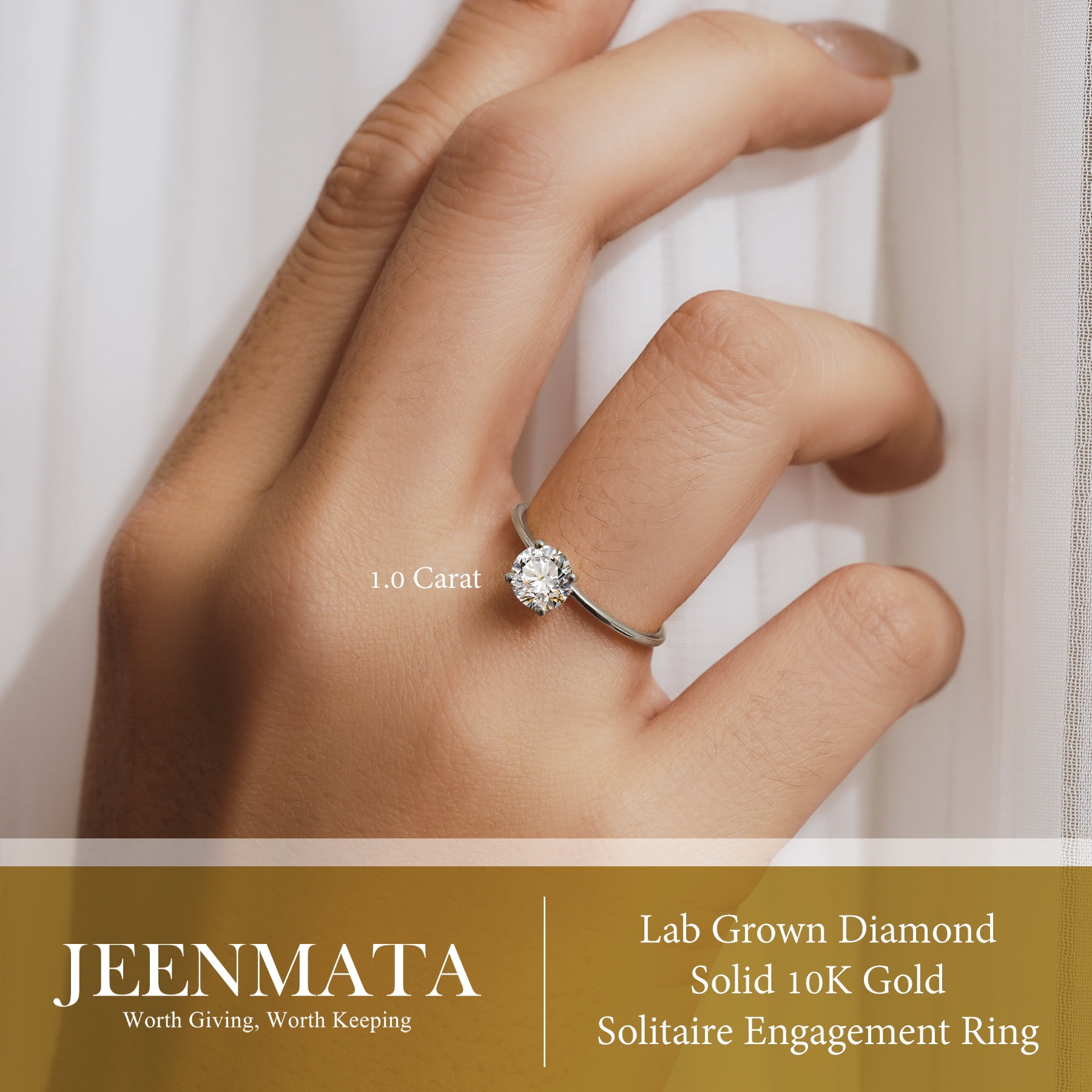 JeenMata Lab Grown Diamond 1 Carat Round Cut Solitaire Engagement Ring in Real Solid 10K White Gold for Women, Gift for Her, Female, Girlfriend